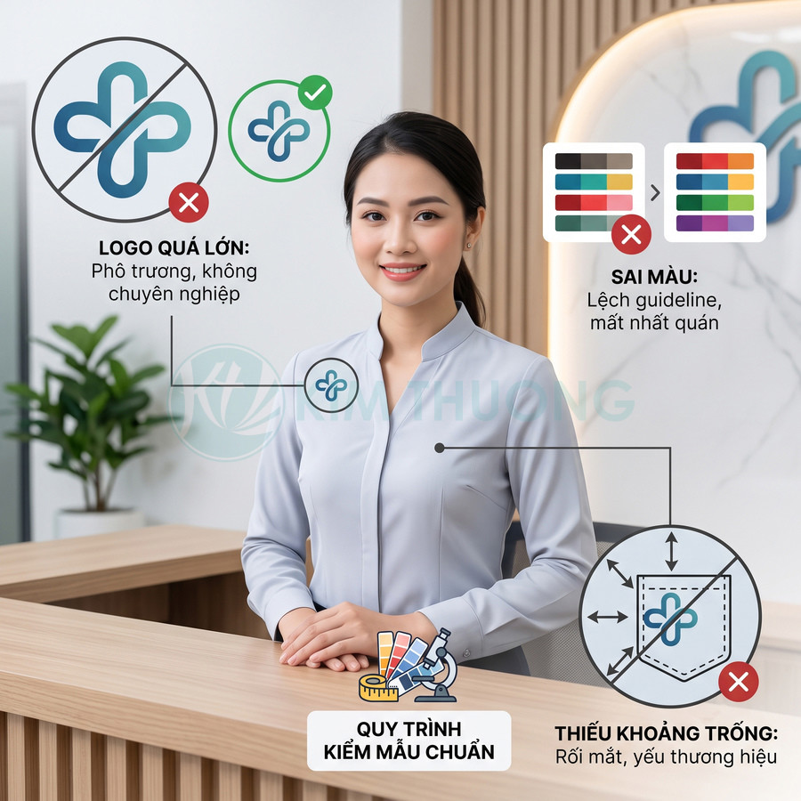 Nhân viên lễ tân mặc đồng phục công sở xám, minh họa quy tắc sử dụng logo và màu sắc thương hiệu